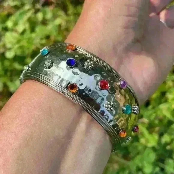 Multicolored Stone & Silver Cuff Bangle - Picture 2 of 5